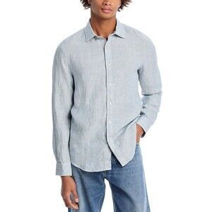 BLOOMINGDALES Shirt Mens Large Blue Stripe Button Up Long Sleeve 100% Linen